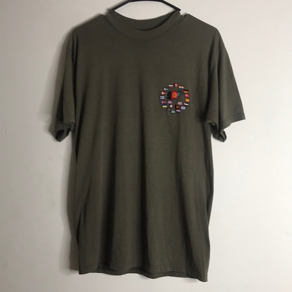 Anvil dark olive tshirt with different‎ country flags on it size medium